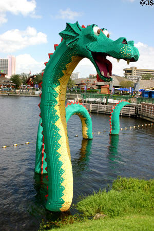 Lego block dragon in lake at Downtown Disney. Disney World, FL.