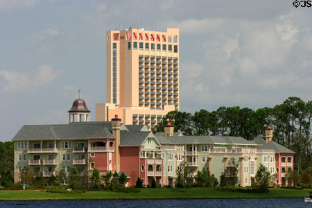 Residential & commercial buildings across Downtown Disney Village Lake. Disney World, FL.