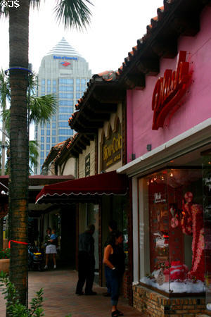 Shops of early Fort Lauderdale on East Las Olas Blvd. with Bank of America Plaza beyond. Fort Lauderdale, FL.