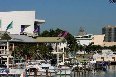 American Airlines Arena seen beyond boats docked along Bayside Market. Miami, FL.