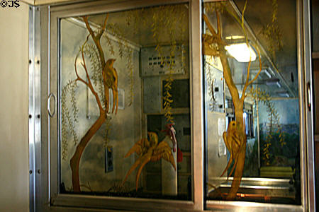 California Zephyr Silver Crescent bar mirror with birds by David Harriton at Gold Coast Railroad Museum. Miami, FL.