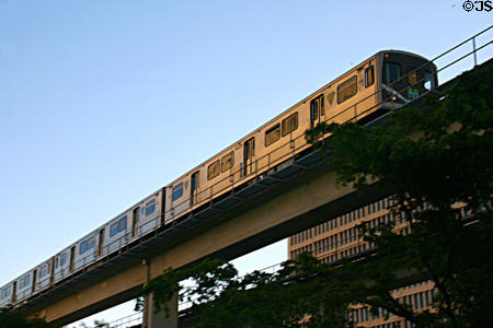 Miami Metrorail train on elevated track. Miami, FL.