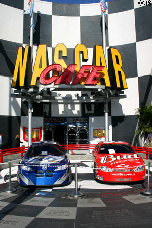 Stock cars at NASCAR Official Restaurant at Universal City Walk. Orlando, FL.