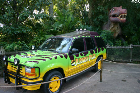 Jurassic Park vehicle & T-Rex at Universal's Islands of Adventure. Orlando, FL.