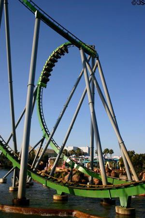 Corkscrew of Incredible Hulk Coaster® at Universal's Islands of Adventure. Orlando, FL.