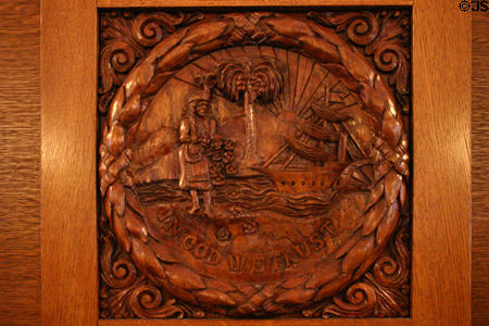 Florida state seal carved in Senate chamber in old State Capitol. Tallahassee, FL.