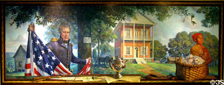 A New Capital mural by Christopher Still in House of new State Capitol depicts the 1824 Log Capitol of Florida & the 1826 second Neoclassical Capitol. Tallahassee, FL.