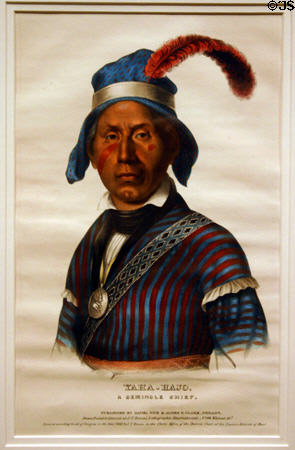 Portrait of Seminole chief Yaha-Hajo (1842) by J.T. Bowen published by Daniel Rice & James G. Clark of Philadelphia in Museum of Florida History. Tallahassee, FL.