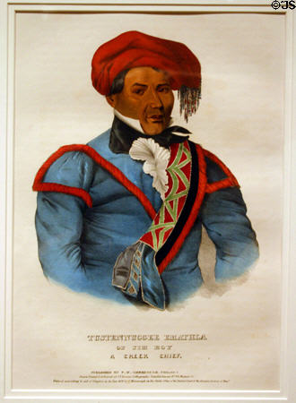 Portrait of Creek chief Tustennuggee Emathla (1838) by J.T. Bowen published by F.W. Greenough of Philadelphia in Museum of Florida History. Tallahassee, FL.