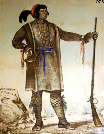 Portrait of Seminole guerrilla leader Osceola (Asi Yaholo) (c1838) based on drawing by George Catlin in Museum of Florida History. Tallahassee, FL.