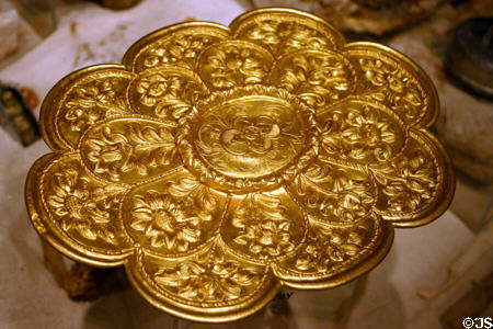 Worked gold plate recovered from Spanish shipwreck in Museum of Florida History. Tallahassee, FL.