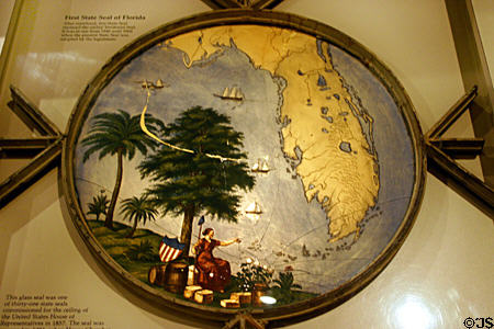 Stained glass seal of Florida (1857) by J.A. Oertel removed from ceiling of U.S. House of Representative now in Museum of Florida History. Tallahassee, FL.