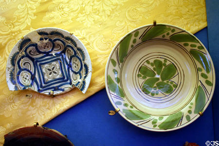 Original & replica polychrome pottery plates from Spanish colonial era at San Luis Historic Site. Tallahassee, FL.