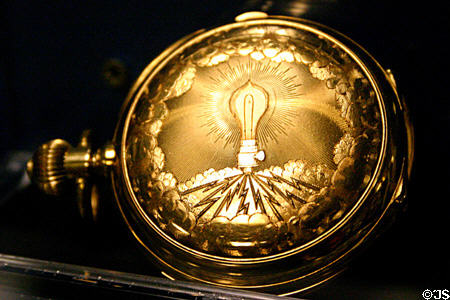 Swiss gold pocket watch (1927) with engraved filament light bulb given to Edison by Charles Willis Ward. Fort Myers, FL.