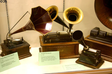 Phonographs (left: Fireside model A c1908), (mid: Triumph c1899 with 2 needles & horns) & (rt: Gem c1900) at Edison Estate Museum. Fort Myers, FL.