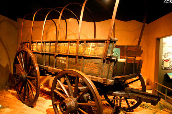 U.S. Army wagon built in Philadelphia (1851) with original painted lettering of all battles in which it served at Atlanta Historical Museum. Atlanta, GA.