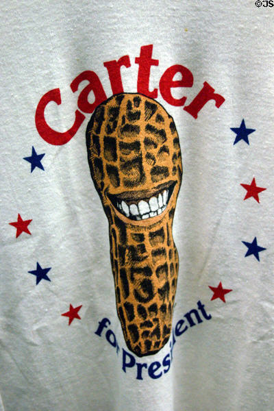 Smiling peanut on T-shirt boosts Carter for President in Jimmy Carter Presidential Museum. Atlanta, GA.