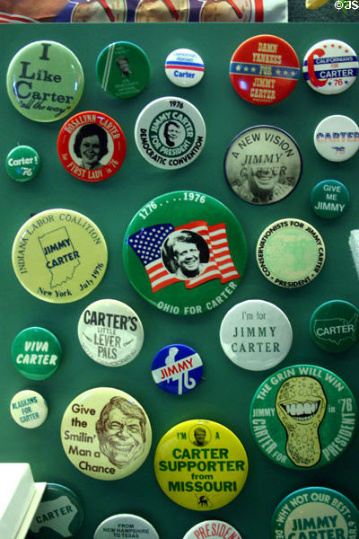 Carter campaign pins in Jimmy Carter Presidential Museum. Atlanta, GA.