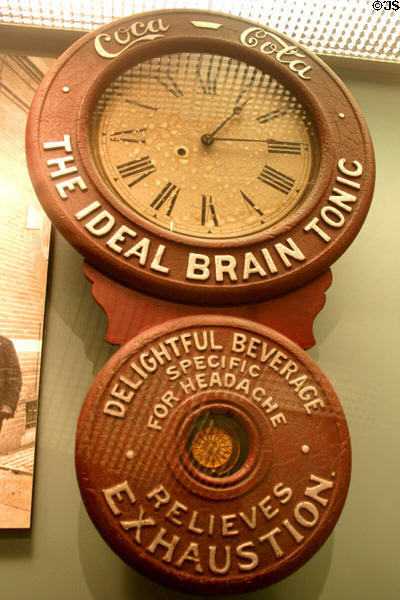 Advertising clock for Coca-Cola brain tonic (c1900) given to soda fountain owners at Coca-Cola Museum. Atlanta, GA.
