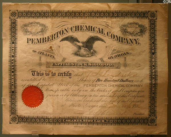 Stock certificate (1886) of Pemberton Chemical Company, originator of Coke, at Coca-Cola Museum. Atlanta, GA.