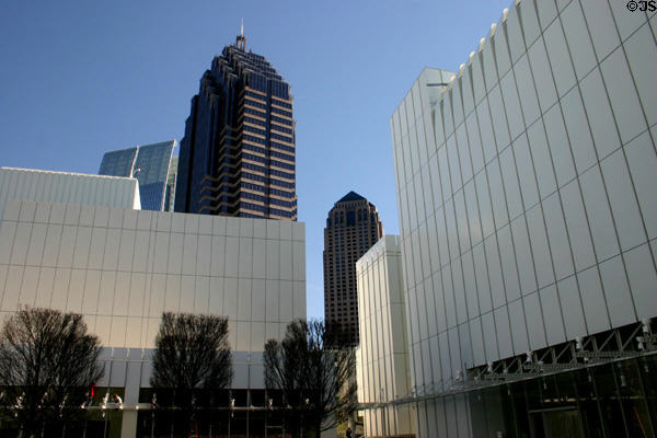 Courtyard between High Museum of Art (right) & Memorial Arts symphony hall amid skyscrapers: Symphony Center, Promenade 2 & GLG Grand. Atlanta, GA.