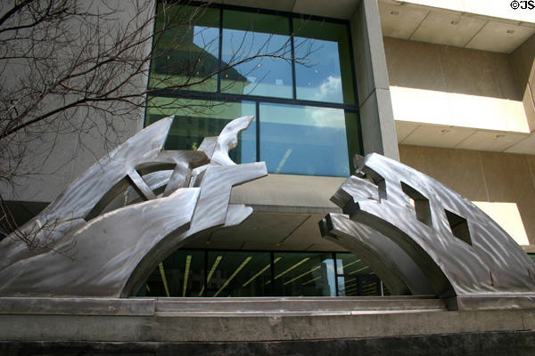 Brushed steel sculpture Wisdom Bridge (1990) by Richard Hunt at Atlanta-Fulton Public Library. Atlanta, GA.