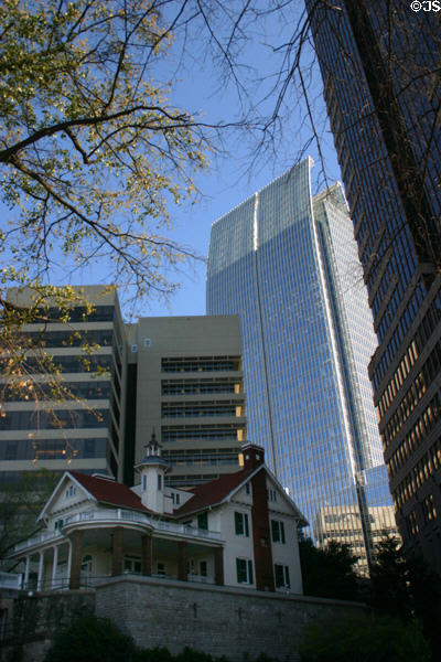 Symphony Center towers of porticoed mansion beside Memorial Arts Building. Atlanta, GA.