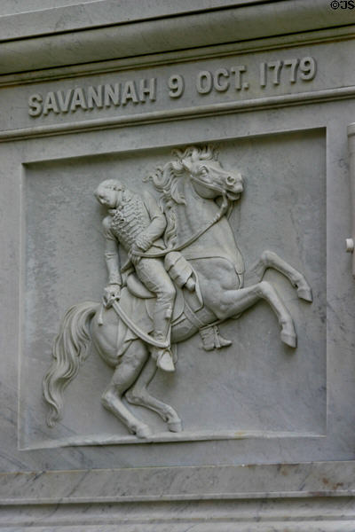Relief shows Revolutionary War hero General Casimir Pulaski, a Pole who died on his horse in defense of Savannah. Savannah, GA.