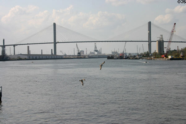 Talmadge Memorial Bridge (US 17) (1991) over Savannah River & port facilities (length 1.9mi. / 3km). Savannah, GA.