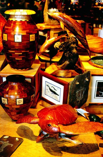 Variety of wooden crafts in shop at Whalers Village. Maui, HI.