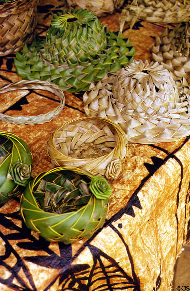 Woven bowls & hats for sale at Polynesian Cultural Center. Oahu, HI.