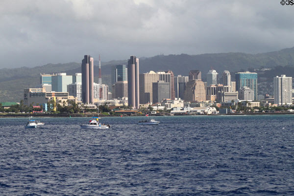 View of downtown Honolulu from off the coast. Honolulu, HI.
