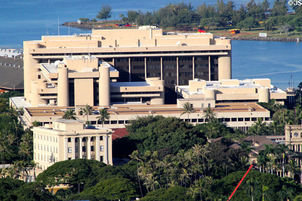 Prince Kūhiō Federal Building & U.S. Courthouse seen from Punchbowl observation rim. Honolulu, HI.