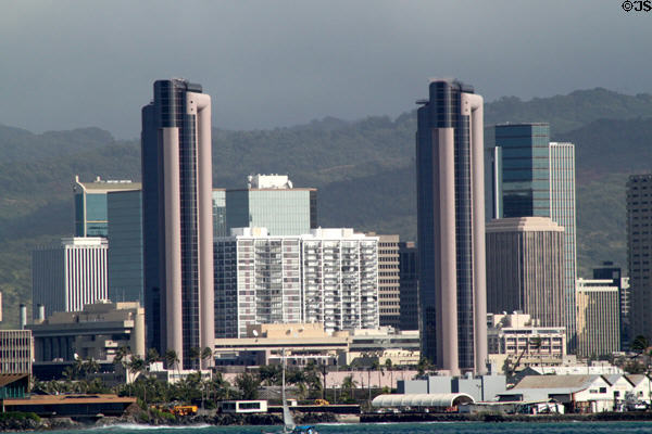 One Waterfront Towers against frames waterfront section of Honolulu from the sea. Honolulu, HI.