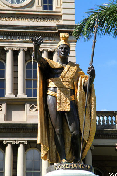 Statue of King Kamehameha I with feather cloak & spear. Honolulu, HI.