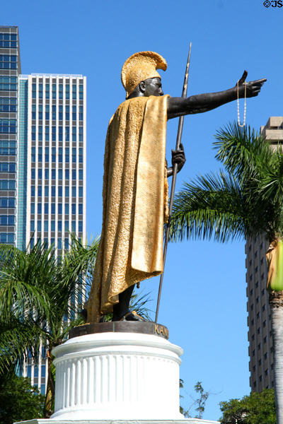 Statue of King Kamehameha I against First Hawaiian Center. Honolulu, HI.