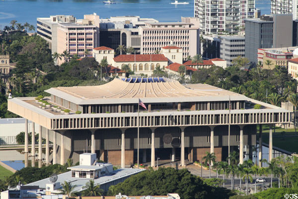 Hawaii State Capitol (1968) (Beretania & Punchbowl Sts.). Honolulu, HI. Style: International. Architect: John Carl Warnecke & Belt Lemmon & Lo. On National Register.