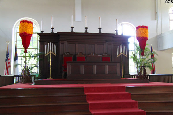 Altar of Kawaiaha'o Church flanked by Hawaiian royal feather standards (Kāhili). Honolulu, HI.