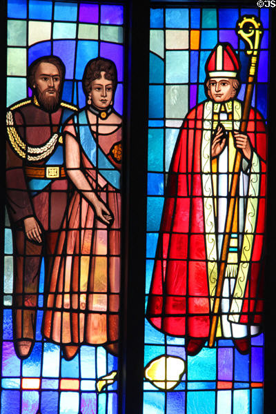 Kamehameha IV & Queen Emma with a Bishop on St. Andrew's Cathedral's Great West Window. Honolulu, HI.