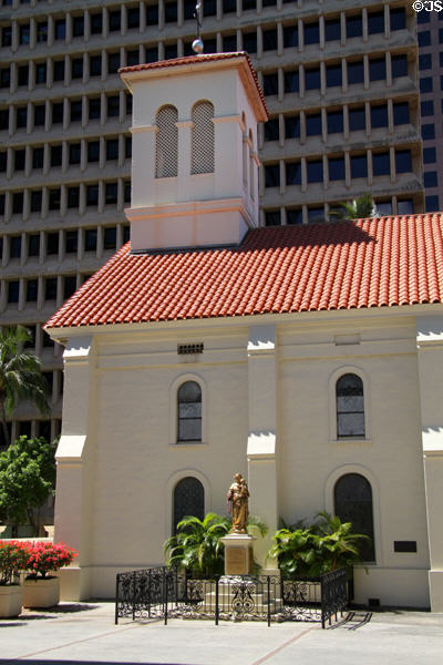 Our Lady of Peace Cathedral (1843) (1184 Bishop St.) built of stucco covered coral blocks. Honolulu, HI. Style: Mediterranean Mission style. On National Register.