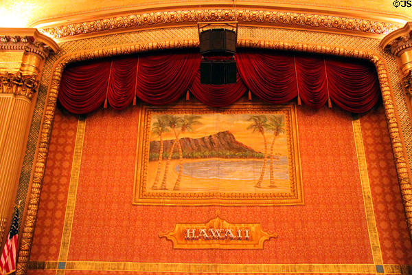 Curtain with image of Diamond Head in Hawaii Theatre. Honolulu, HI.