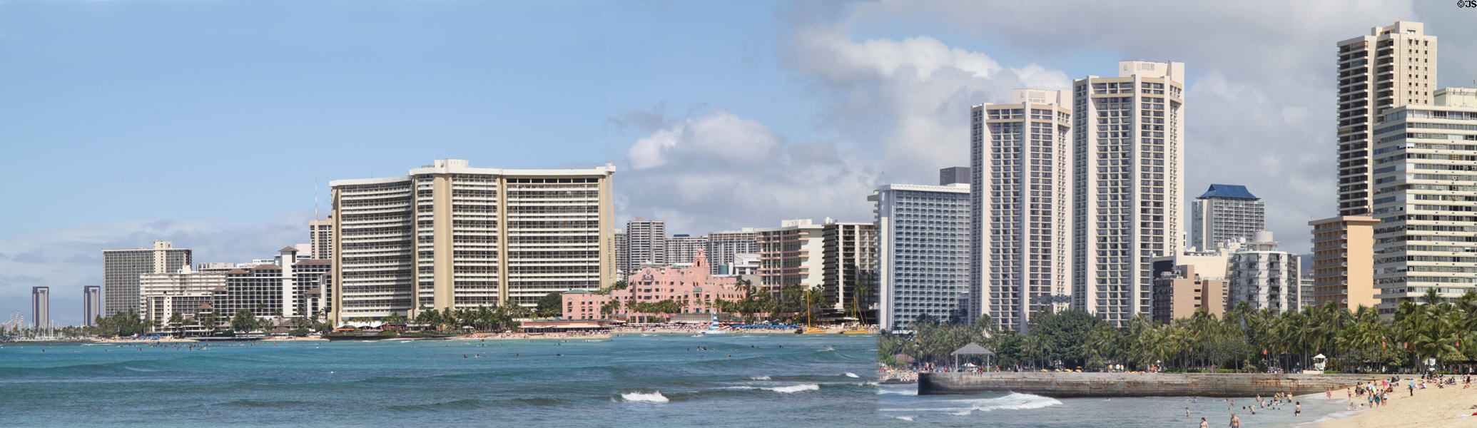 Panorama of Waikiki along shoreline from Kapi''olani Park. Waikiki, HI.
