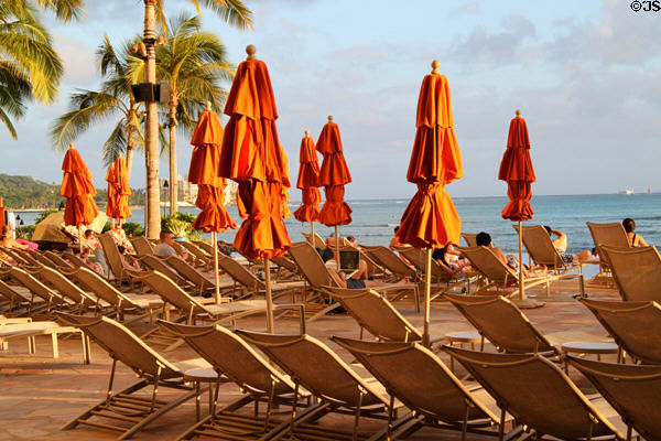 Orange umbrellas of Sheraton Waikiki Hotel. Waikiki, HI.