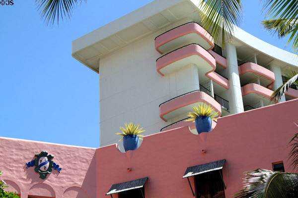 Building addition with oval balconies at The Royal Hawaiian Hotel. Waikiki, HI.