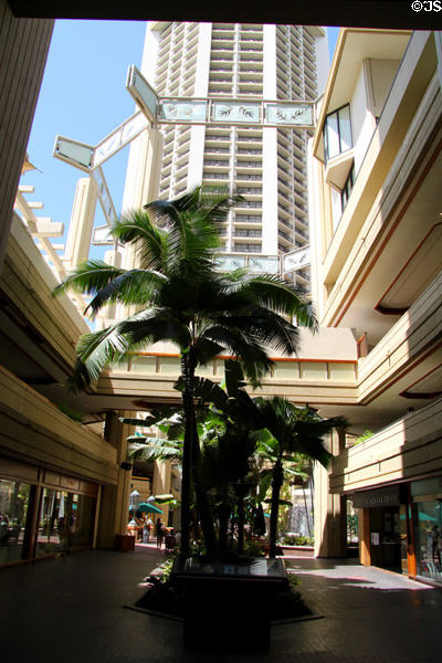 Octagonal pergola-like structure over lobby of Hyatt Regency Waikiki. Waikiki, HI.