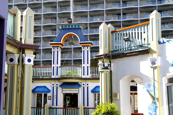 Belfry & balconies of King's Village Shopping Center. Waikiki, HI.