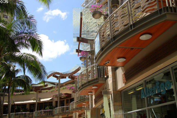 Curving architecture of Waikiki Beach Walk (226 Lewers St.). Waikiki, HI.