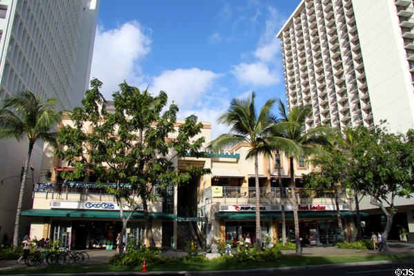 The Center of Waikiki (2284 Kalakaua Ave.) with architectural elements of demolished movie theater. Waikiki, HI.