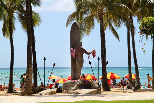 Statue of Duke Paoa Kahanamoku (1890-1968) Father of International Surfing, Olympic swimmer, & full blooded Hawaiian at beach in Waikiki. Waikiki, HI.