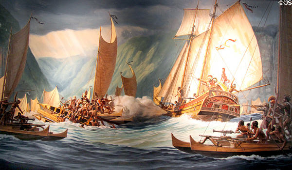 Battle of the Red-mouthed Weapon painting by Herb Kawaínuí Kane shows invasion sea battle defeat of chiefs of Maui & Oahu by Kamehameha using canon of commandeered brig Fair American (1791) at U.S. Army Museum. Waikiki, HI.